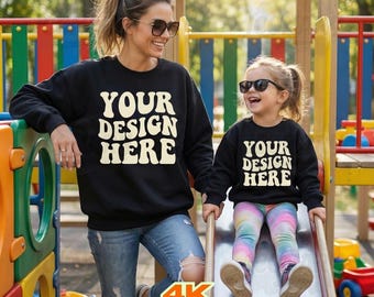 Mom and Me Black Sweatshirt Mockup, Gildan Crewneck Mockups, 18000 18000b Matching Sweater, G180 Fall Mommy Daughter, Trendy Mama Mini Mock
