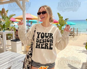 Gildan Sand 18000 Mockup | Beach Mockup Gildan 18000 Sand | 18000 Sand Mockup | Front G180 Mockup Aesthetic Outdoors Summer Mockup Trendy