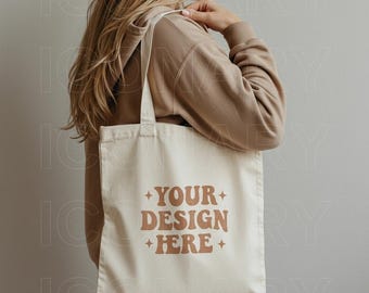 Canvas Tote Bag Mockup, Natural High Quality Lifestyle Shopping Bag Mock-up, Aesthetic Boho Style Model Mock, Blank Tote Bag, Cotton Beige