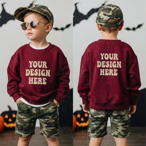 Halloween Maroon Gildan 18000B Boys Front and Back Sweatshirt Mockup Youth Model Mock-up Print on Demand Mockups Youth Crewneck Sweater Mock