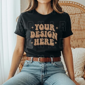 Bella Canvas Black 3001 T-Shirt Mockup, Boho Woman Model Mockup, Black Tee Mockup, Minimalist T-Shirt Mockup, BC3001 Black Outfit Mockup