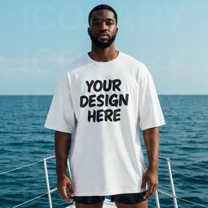 White Comfort Colors 1717 Beach Mockup, White Color mockup men, Man Model C1717 Mock, Aesthetic Mock for man T-shirt, Man Summer Mockup