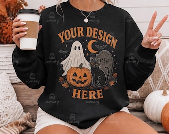 Black Gildan 18000 Fall Mockup, G180 Sweatshirt Halloween Mockup (Digital Download)