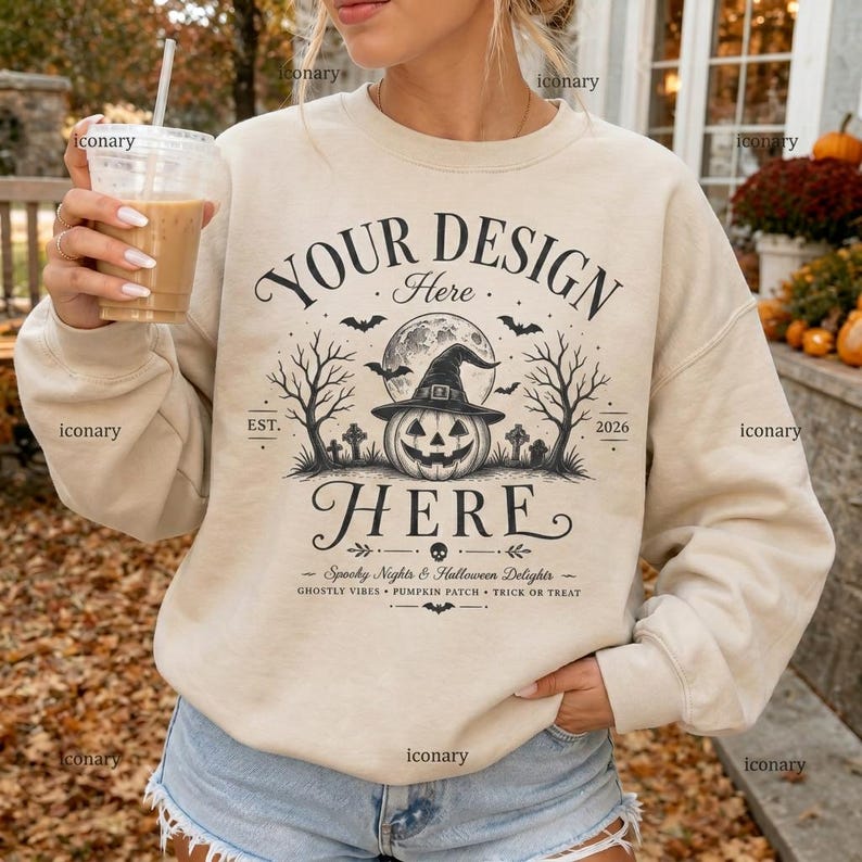 Puede incluir: Una sudadera beige de cuello redondo con un estampado gr&aacute;fico negro de una calabaza con sombrero de bruja, rodeada de &aacute;rboles desnudos, murci&eacute;lagos y una luna llena. El texto dice: YOUR DESIGN HERE, EST. 2026, Spooky Nights & Halloween Delights.