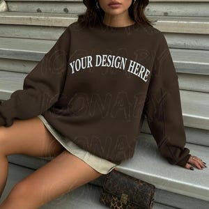 Gildan 18000 Dark Chocolate Sweatshirt Mockup Oversized Dark Chocolate Crewneck Mockup Gildan Brown Sweatshirt Mock Trendy Model Mockup