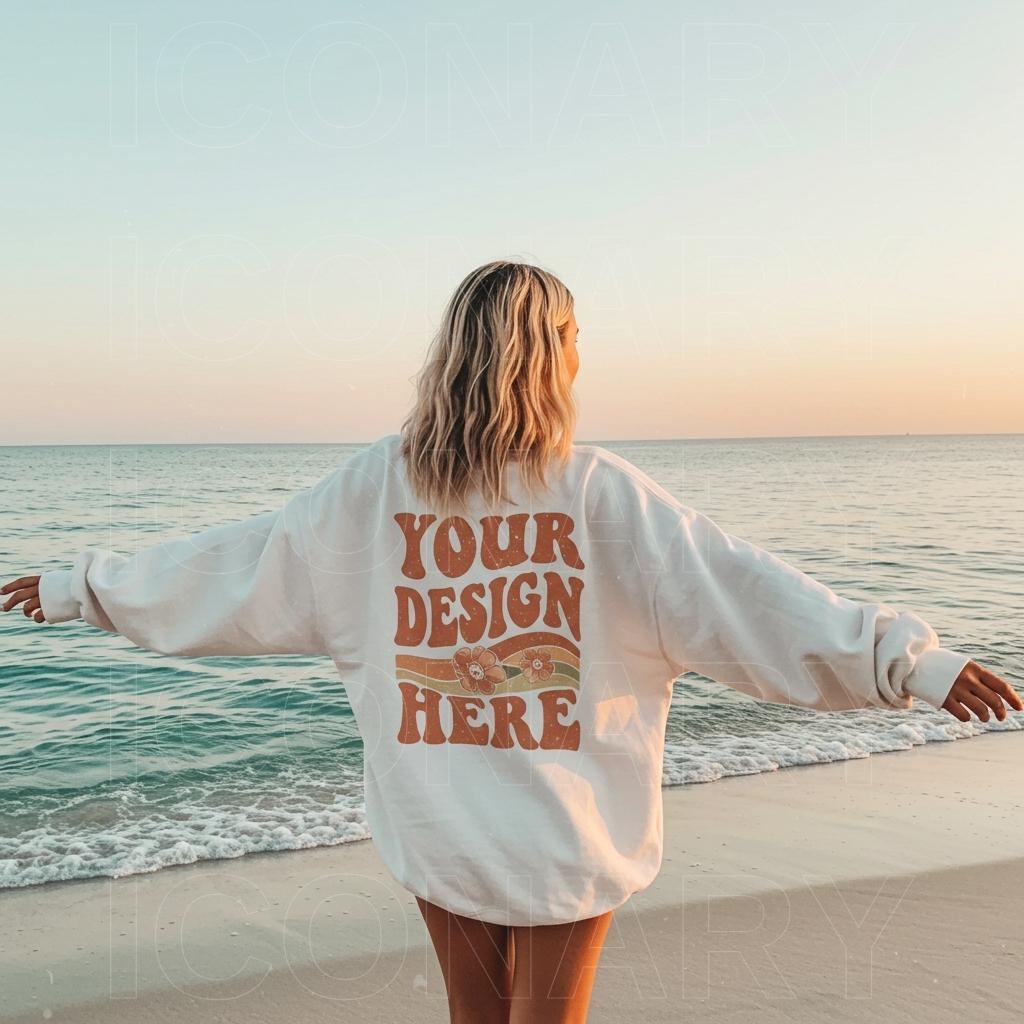 Back Mockup 18000 White, Beach Mockup Gildan 18000 White, Outdoor Mockup, White Sweater mockup, 18000 White Mockup, Trendy Oversized Mockup