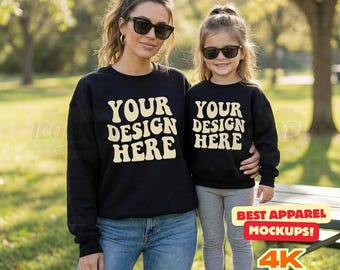 Mommy and Me Black Gildan 18000 Sweatshirt Mockup for Matchings Shirts, Gildan 18000 Mom and Daughter Gildan Black 18000B Kids Mockups