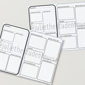 Peut inclure: Trois modèles de plan de soins infirmiers imprimables avec du texte noir et blanc et des bordures. Les modèles sont divisés en sections pour le diagnostic, les interventions infirmières et le plan de soins infirmiers. Chaque section a de l'espace pour écrire.