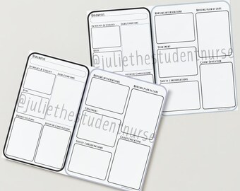 May include: Three printable nursing care plan templates with black and white text and borders. The templates are divided into sections for diagnosis, nursing interventions, and nursing plan of care. Each section has space for writing.