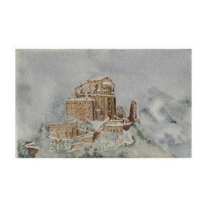 Sacra di San Michele in inverno - abbazia sul monte Pirchiriano - stampa fineart di acquerello