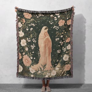 Virgin Mary Woven Blanket 100% Cotton - Religious Art Throw with Floral Design for Cozy Home Decor, Cottagecore Tapestry