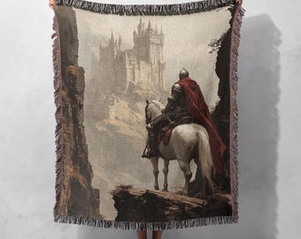 100% Cotton Medieval Knight Woven Blanket, Castle Tapestry Throw, Fantasy Decor