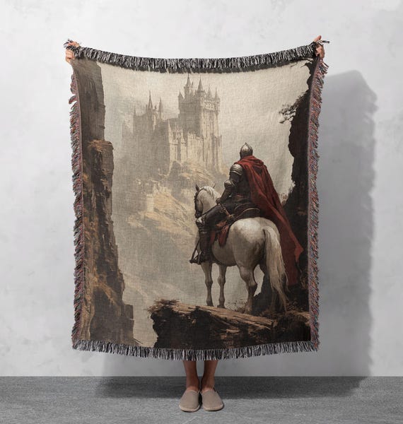 100% Cotton Medieval Knight Woven Blanket, Castle Tapestry Throw, Fantasy Decor