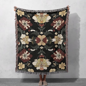 Floral Woven Blanket 100% Cotton with Red, Yellow, and White Flower Pattern, Cottagecore Tapestry