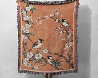 Geweven deken van 100% katoen met vogels en bloesems, cottagecore wandtapijt, plaid met natuurmotief, gezellige woondecoratie, vintage-geïnspireerd cadeau voor mama