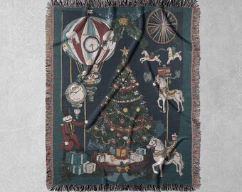 Vintage Christmas Woven Blanket 100% Cotton With Carousel, Tree
