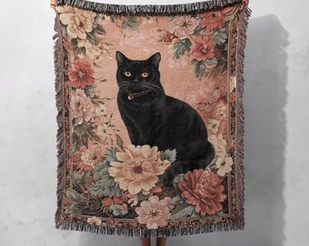 Couverture tissée 100 % coton - Plaid douillet élégant à motif chat noir et fleurs vintage, tapisserie style cottagecore