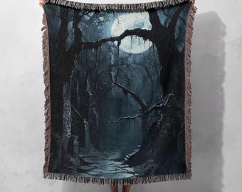 Halloween-gåva vävd filt 100 % bomull, kuslig skogsmånepläd, gotisk läsardekoration, mörk häxig estetisk gobeläng