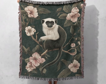 Monkey Woven Blanket 100% Cotton - Elegant Floral Jungle Design, Cottagecore Tapestry