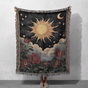 Bohemian Sun and Moon Woven Blanket 100% Cotton with Floral Design, Cozy Decorative Throw, Cottagecore Tapestry