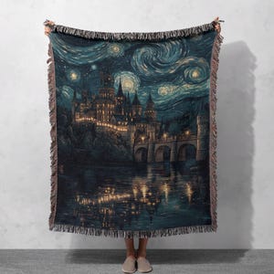 Starry Night Castle Woven Blanket 100% Cotton - Magical Fantasy Throw for Home Decor, Cottagecore Tapestry