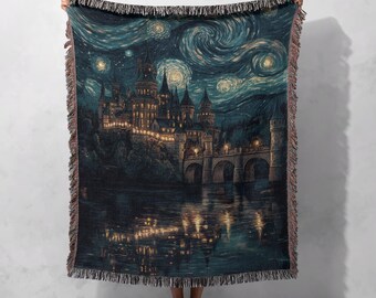 Starry Night Castle Woven Blanket 100% Cotton - Magical Fantasy Throw for Home Decor, Cottagecore Tapestry