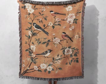 Deken van 100% katoen met vogels en bloesems, geweven plaid in cottagecore-stijl met natuurthema, gezellig bloemenpatroon, vintage woondecoratie