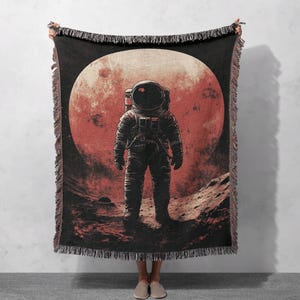 Astronaut on Moon Woven Blanket 100% Cotton, Space-Themed Cozy Throw for Home Décor, Cottagecore Tapestry