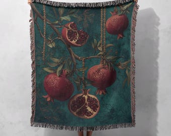 Vintage Pomegranate Woven Blanket 100% Cotton, Dark Academia Decor Woven Throw, Cottagecore Botanical Art Tapestry Blanket, Greek Mythology.