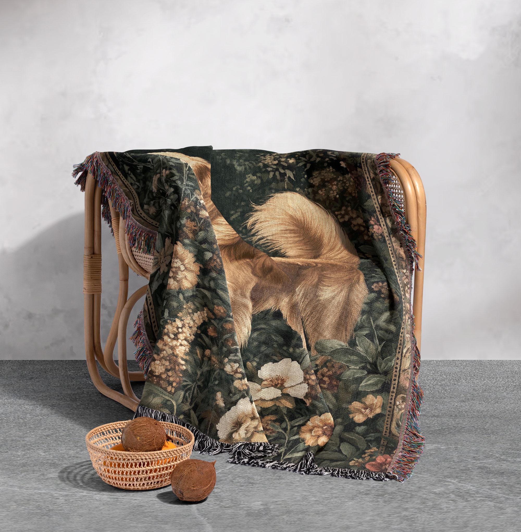100% Cotton Golden Retriever Woven Blanket, Cozy Dog Lover