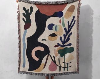 Manta tejida con cara abstracta, 100 % algodón: decoración artística moderna para el hogar, tapiz Cottagecore