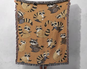 Cozy Woven Blanket 100% Cotton with Cute Raccoon Design, Perfect for Home Decor or Gifts, Cottagecore Tapestry