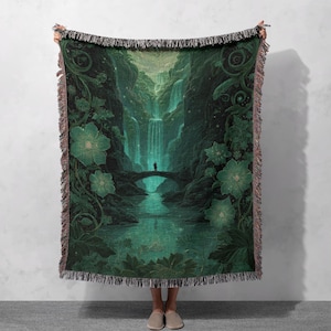 Fantasy Lover Gift Woven Blanket 100% Cotton, Magical Forest Throw Blanket, Spiritual Person Woven Blanket, Nature Lover Tapestry, Cottagecore Woven Blanket