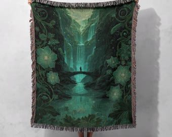 Fantasy Lover Gift Woven Blanket 100% Cotton, Magical Forest Throw Blanket, Spiritual Person Woven Blanket, Nature Lover Tapestry, Blanket