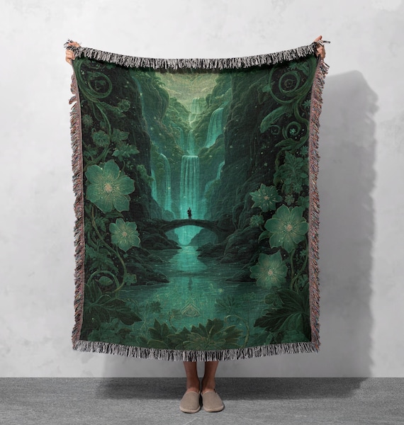 Fantasy Lover Gift Woven Blanket 100% Cotton, Magical Forest Throw Blanket, Spiritual Person Woven Blanket, Nature Lover Tapestry, Blanket