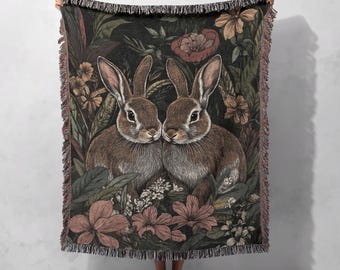 100% Cotton Woven Blanket – Vintage Woodland Rabbit Tapestry Throw, Cozy Cottagecore Decor, Nature-Inspired Bunny Gift
