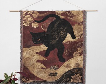 黒猫浮世絵織りブランケット 綿100% 日本のアートスタイル 神秘的な