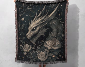 Gothic Dragon 100% Cotton Woven Blanket, Dark Fantasy Throw, Mystical Floral Tapestry, Medieval Home Decor