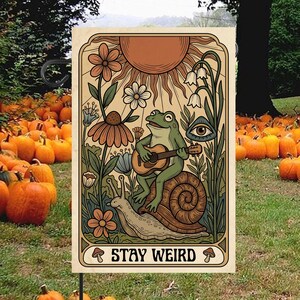 May include: A rectangular garden flag featuring a green frog playing an acoustic guitar while sitting on a large snail. The illustration includes a sun, flowers, and an eye, with the text STAY WEIRD at the bottom in a decorative border.