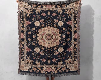 100 % persisk vävd filt i bomull, vintageblommig gobeläng i cottagecore-stil, elegant heminredning, mysig bohemisk pläd, present till mamma