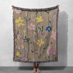 Floral Woven Blanket 100% Cotton with Vibrant Hand-Painted Flower Design, Cottagecore Tapestry