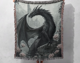 100% Cotton Black Dragon Woven Blanket, Gothic Fantasy Tapestry Throw, Dark Medieval Home Decor, Mythical Creature Gift