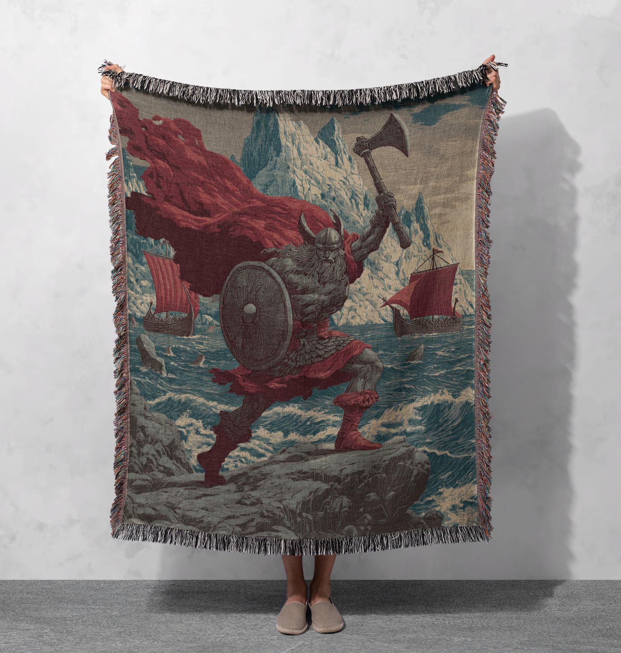 Viking Warrior Woven Blanket 100% Cotton, Norse Mythology Tapestry