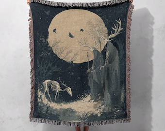 Manta tejida pagana Cernunnos 100% algodón, manta decorativa del dios del bosque wiccano, tapiz tejido de arte ocultista, manta decorativa gótica de Halloween, solsticio