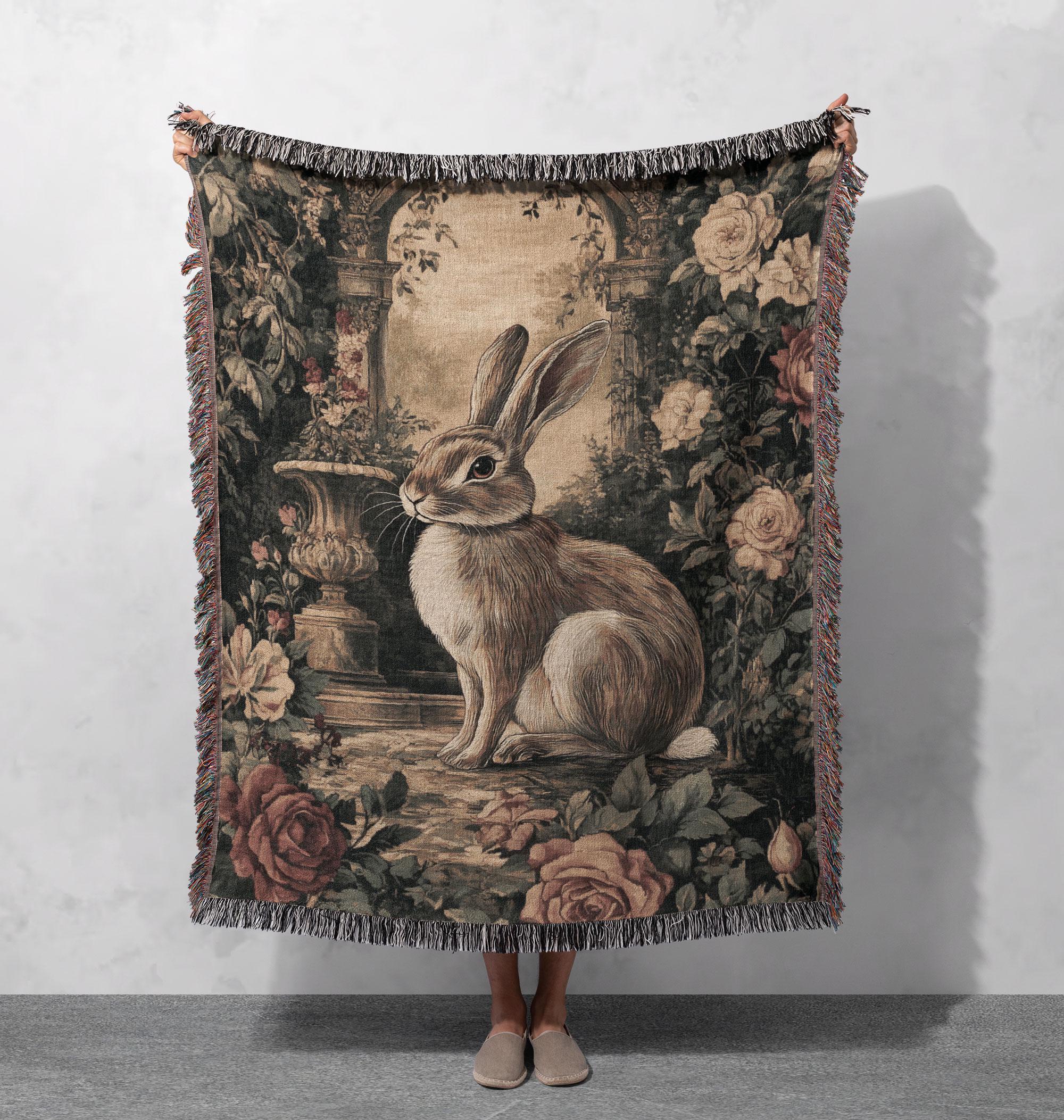 100% Cotton Woven Blanket – Vintage Garden Bunny Tapestry  Vintage Garden Shelf Woven Tapestry Throw Blanket Bunny Floral Green Fringed display picture 1