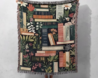 100% Cotton Botanical Books Woven Blanket, Literary Garden Tapestry, Nature Lover Throw, Cozy Bookish Decor, Gift for Readers