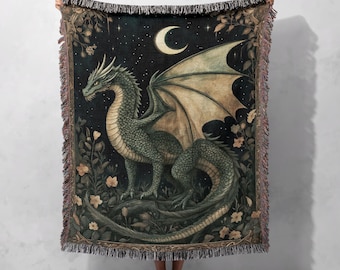 100% Cotton Green Dragon Woven Blanket, Fantasy Tapestry Throw, Gothic Home Decor