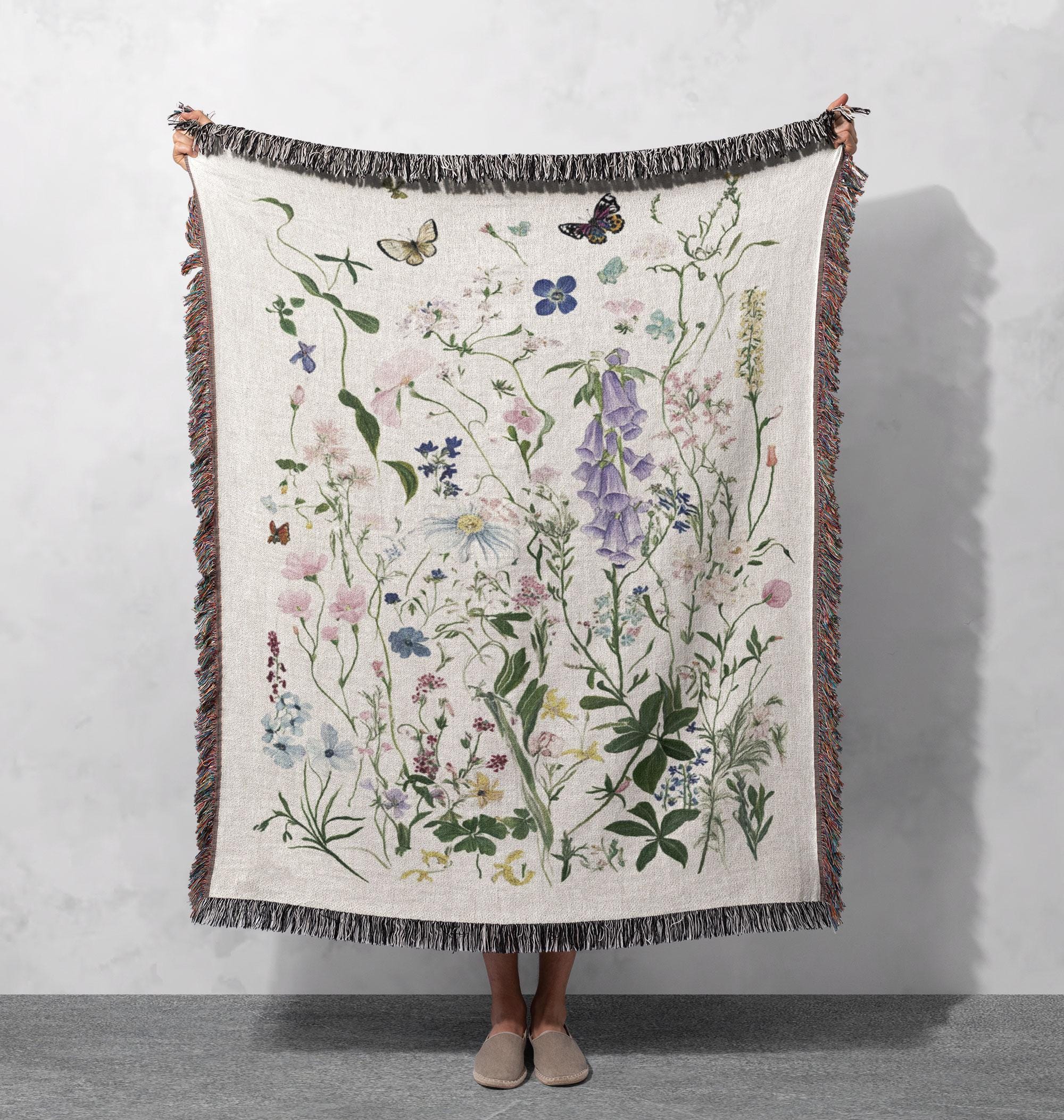 ボタニカル織りブランケット 100% コットン - 繊細な野の花と蝶の