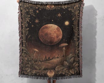 Gewebte Decke mit Mondfinsternismotiv aus 100 % Baumwolle – Mystischer Mondteppich, Himmlische Gothic-Dekoration