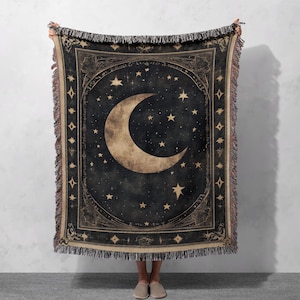 100% Cotton Moon and Stars Woven Blanket, Celestial Tapestry, Gothic Home Decor, Astrology Art Throw, Cozy Bedspread, Gift for Her